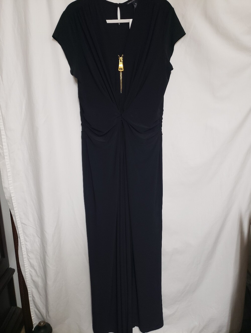 Elegant Black Twist-Front Jumpsuit with Gold Zip